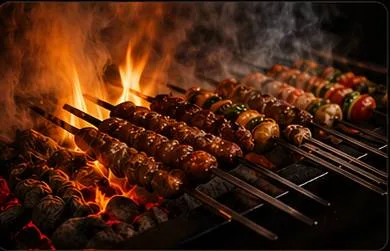 Odun ateşinde şiş kebap ızgarası